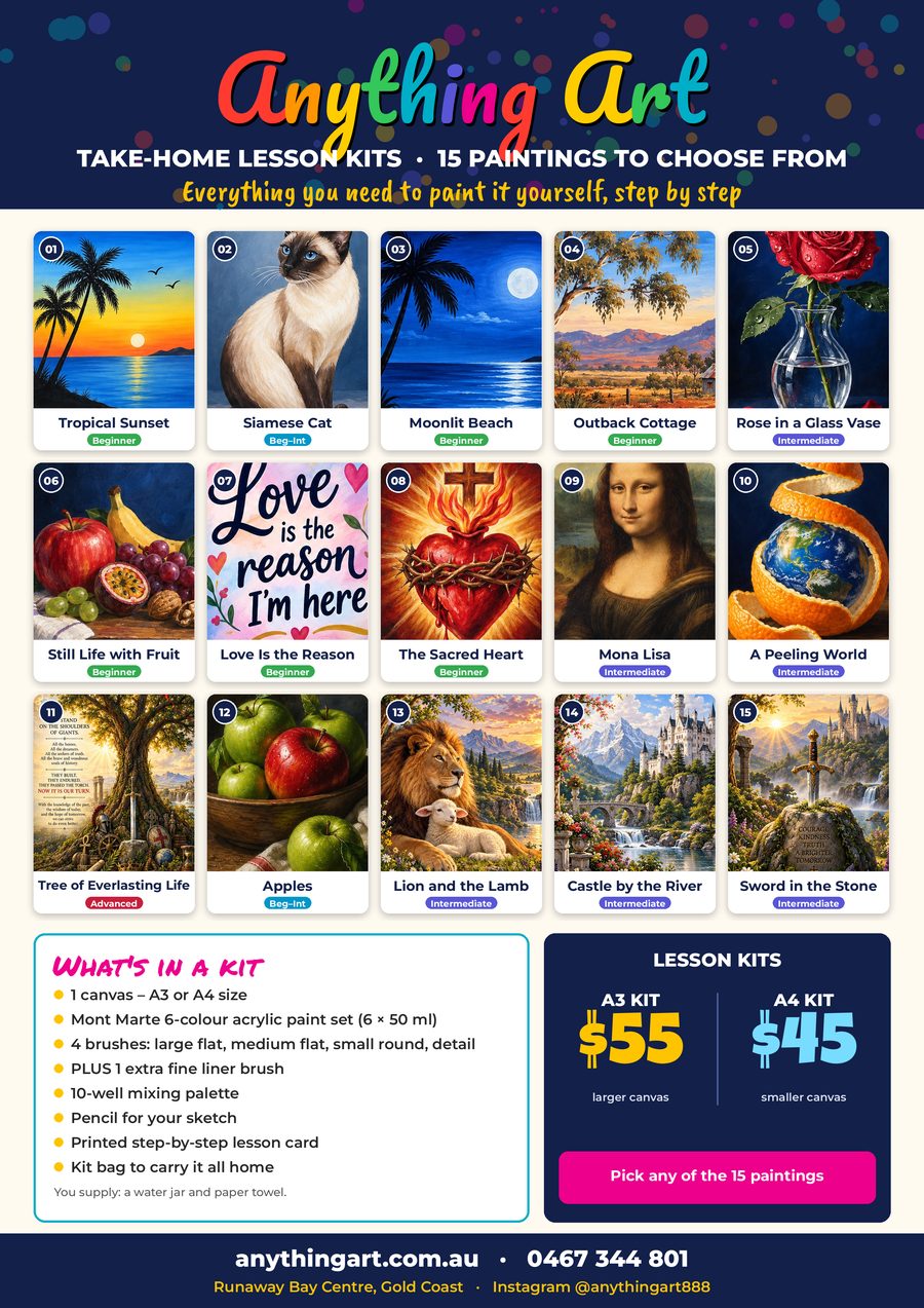 Anything Art lesson kits poster: A3 kit A$55, A4 kit A$45, 15 lessons available.